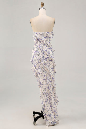 Blue Floral Sheath Strapless Ruffled Bridesmaid Dress